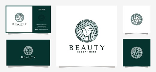 women face logo design with a combination of leaves and business cards