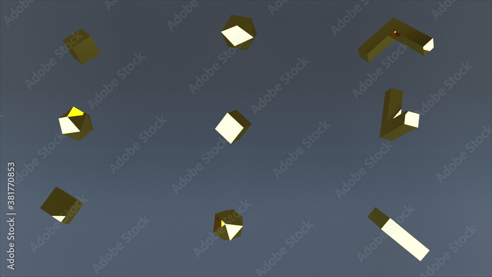 Aufkleber 3d rendering of set of diffrent golden elements. computer generated geometric backdrop