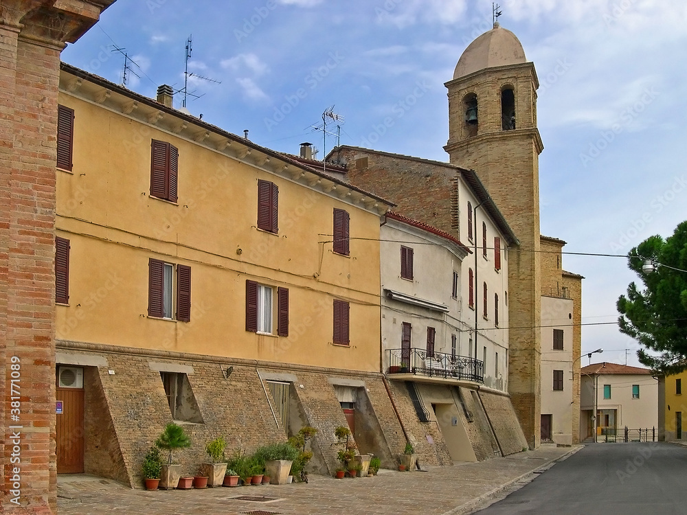 Poster italy, marche, san marcello old medieval buildings and san marcello church bell tower.