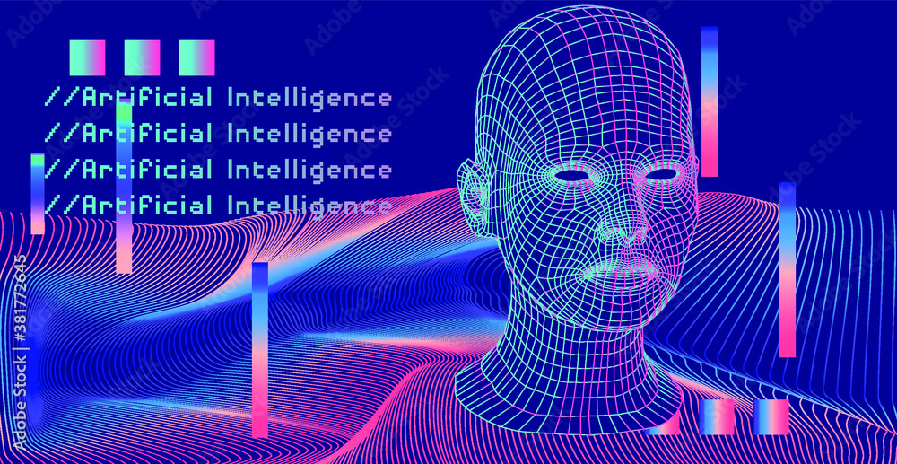Aufkleber 3D human face structure on glitched background. Artificial Intelligence and Neural network concept.
