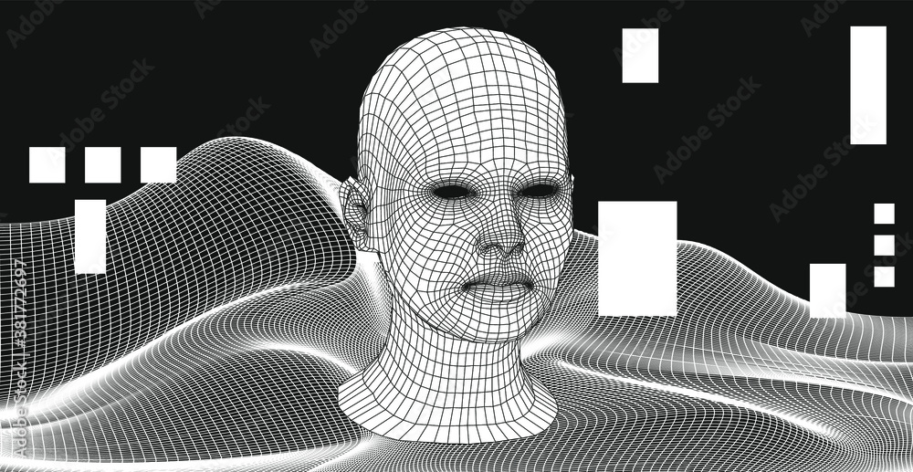 Aufkleber Artificial Intelligence and Neural network concept. 3D human face structure made of grid.