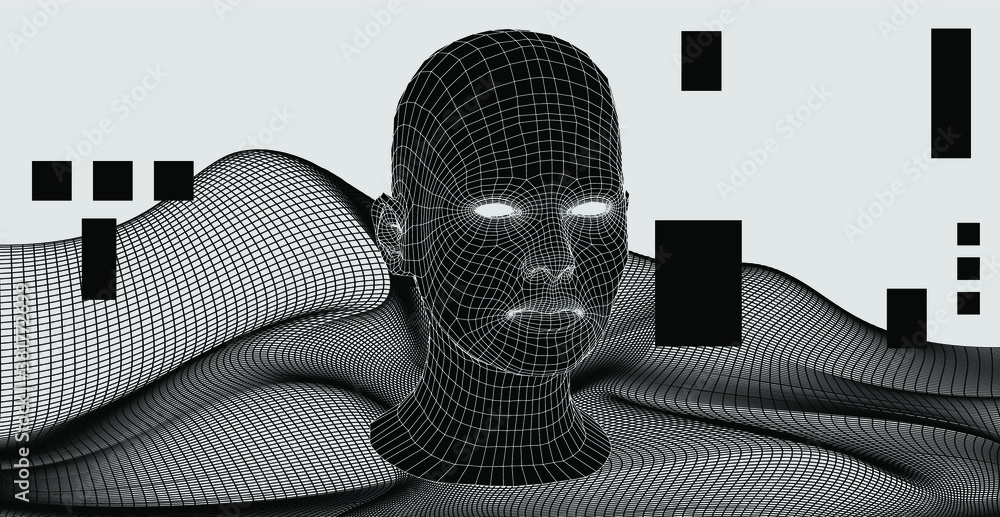 Aufkleber Artificial Intelligence and Neural network concept. 3D human face structure made of grid.