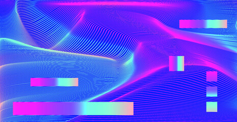 Abstract technology background with warped and distorted laser grid. Vaporwave and synthwave style poster.