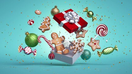 Christmas animated 3d greeting card. Gingerbread cookies, candies and balls jump from gift box, over blue background. Bang of golden confetti. Festive animation. Slow motion of levitating ornaments - Powered by Adobe