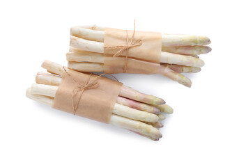 Bunches of fresh raw asparagus isolated on white, top view