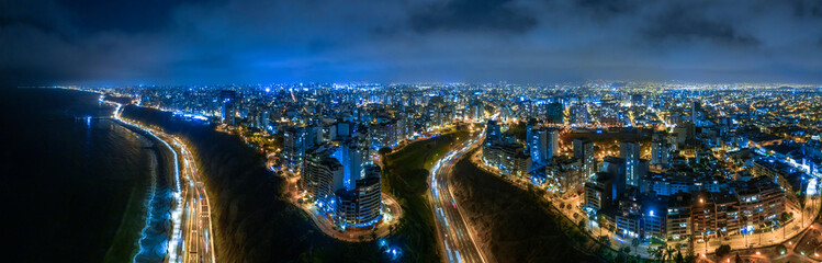 Fototapeta premium Night panoramic view of the Costa Verde high way, San Miguel - Lima, Peru.