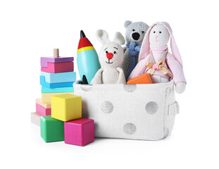 Set of different toys on white background