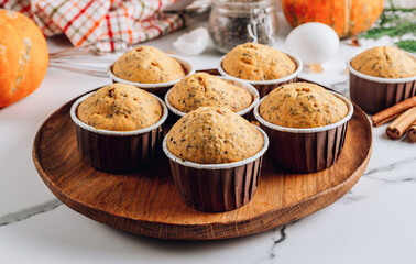 Homemade autumn pumpkin muffin with chia seeds