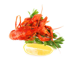 Delicious boiled crayfishes with lemon and parsley isolated on white, top view