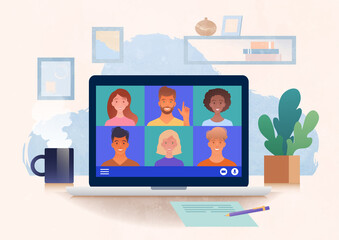 Virtual group meeting being held via video conference from home. Using laptop computer chatting with colleagues online in cozy home office with coffee and plant. Vector illustration.
