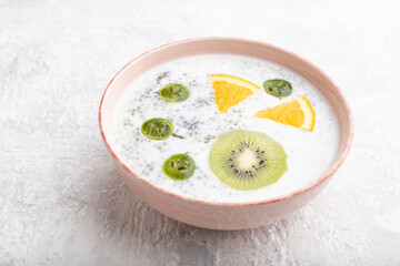 Yogurt with kiwi, gooseberry, chia in ceramic bowl on gray concrete background. Side view.