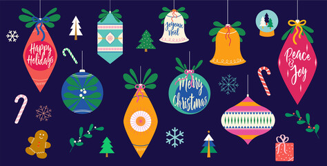 Retro Christmas Holiday Icon Set with Vintage Christmas Ornaments, Bells, Candy Canes, Boughs of Holly, Snowglobes, Snowflakes, Christmas Gifts and Christmas Trees