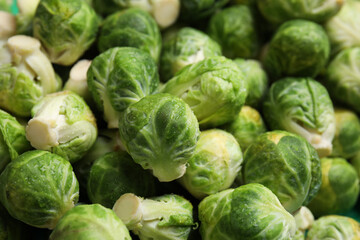 Fresh wet Brussels sprouts as background, closeup