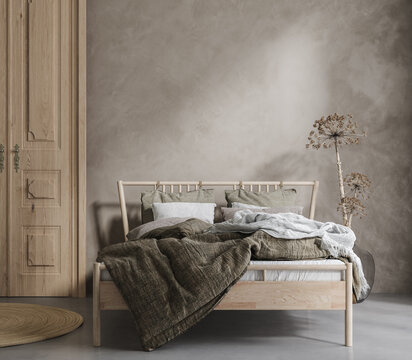 Bed With Linen Bedding, Dry Plant And Wooden Door In Bedroom, Room In Natural Tones, 3d Render