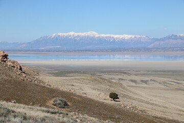 Looking down at Antelope Island, Great Salt Lake and Wasatch mountains from Sentry Loop trail