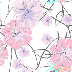 Pink Flowers Blooming Pattern. Pastel Watercolor.