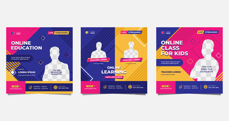 Set of social media post templates for Online classroom program, Online Education, and other E-Learning. with Memphis style background and Purple, Pink, Orange colors