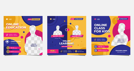 Set of social media post templates for Online classroom program, Online Education, and other E-Learning. with Memphis style background and Purple, Pink, Orange colors
