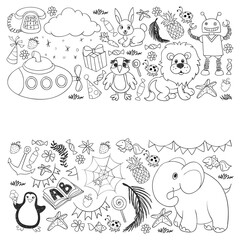 Vector kindergarten pattern with animals and toys. Illustration for little boys and girls.