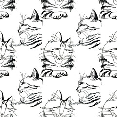 Seamless pattern with hand-drawn black and white cats. Art creative background for card, wrapping, wallpaper, note book, zoo shop, textile