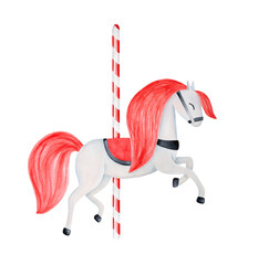 Water color sketch of joyful carousel horse with bright red and white striped pole. One single object. Hand painted watercolour sketchy drawing, cutout clipart detail for creative design decoration. © Julija