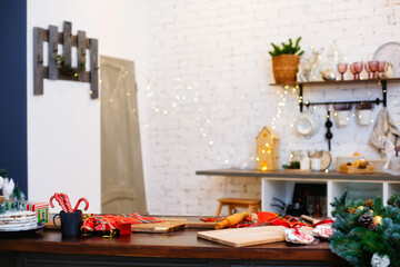 Wooden table in front of Christmas light night, abstract round bokeh background