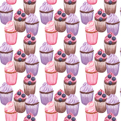Seamless pattern with pink and purple cupcakes on a white background. Delicious and sweet watercolor illustration. 