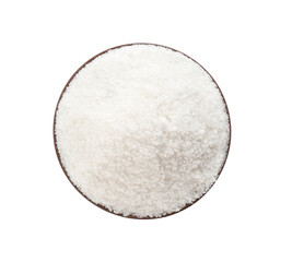 Fototapeta na wymiar Bowl with natural salt isolated on white, top view