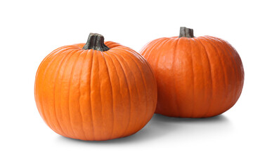 Ripe orange pumpkins isolated on white. Halloween decor
