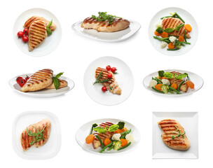 Set of grilled chicken breasts on white background
