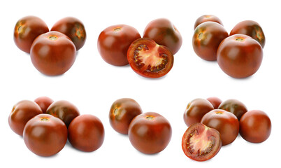 Set of ripe tomatoes on white background