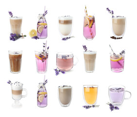 Set of different drinks with lavender on white background