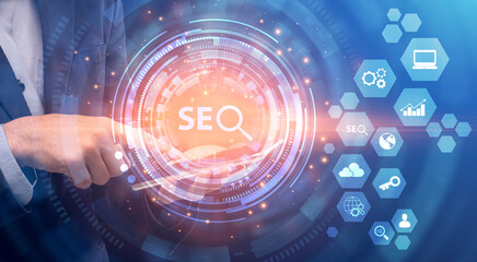 Businessman Using Smartphone Seo-Optimization App Over Blue Background, Collage, Panorama