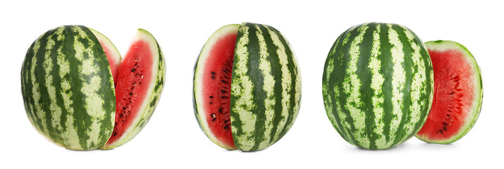 Set of fresh watermelons on white background. Banner design