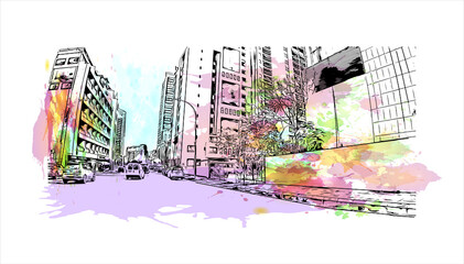 Naklejka premium Building view with landmark of Beirut is the capital and largest city of Lebanon. Watercolor splash with hand drawn sketch illustration in vector.