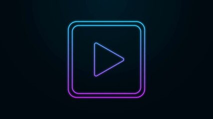 Glowing neon line Play in square icon isolated on black background. 4K Video motion graphic animation