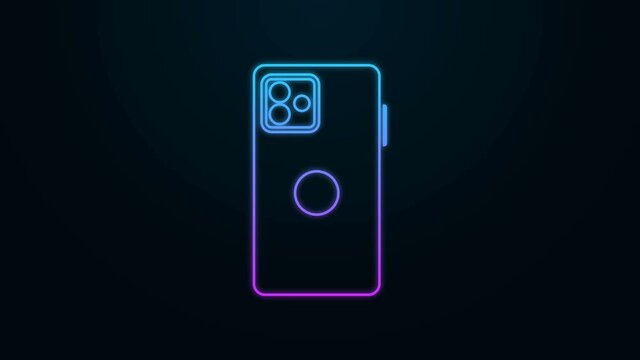 Glowing neon line Smartphone, mobile phone icon isolated on black background. 4K Video motion graphic animation