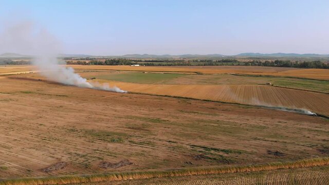 Aerial images surrounding the smoke columns of an agricultural fire