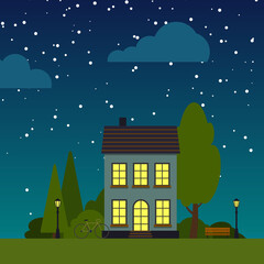 Closeup house night street flat cartoon square banner. Single house under starry sky. Urban small town landscape with trees, bush, clouds. Suburban village neighborhood Cityscape. Vector illustration