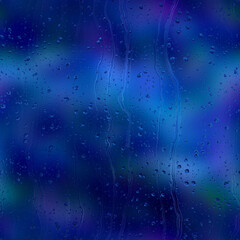 Seamless rain drop water repeat pattern on blur. High quality illustration. Realistic digital render of water droplets and drips on a blurred out pattern background. Pure water with light refraction.