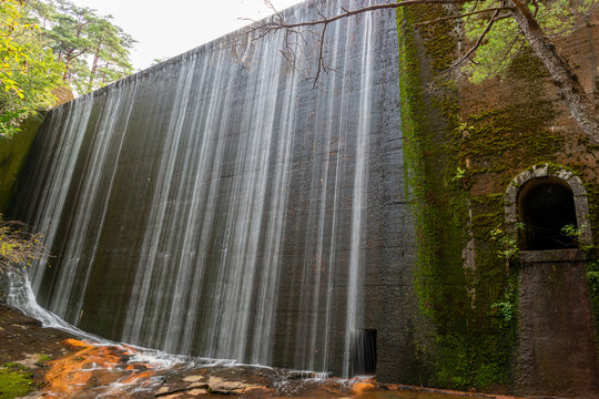 Waterfall from the dam of Tsuten-ko lake in Sonobe, Nantan city, Kyoto, Japan