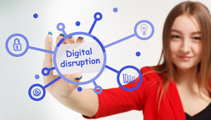 Business, Technology, Internet and network concept. Young businessman working on a virtual screen of the future and sees the inscription: Digital disruption
