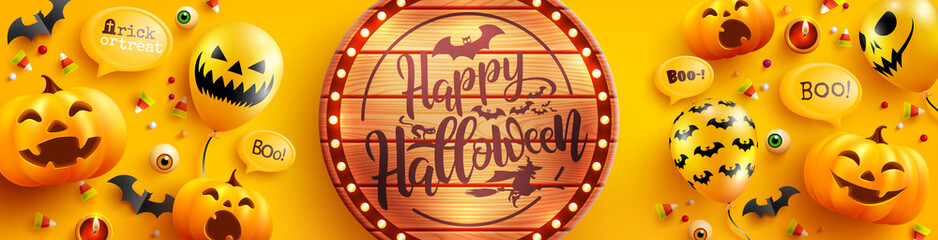 Halloween poster and banner template with cute halloween pumpkin and ghost balloons on yellow background. Website spooky,Background or banner Halloween template.Vector illustration eps 10 © Fotomay