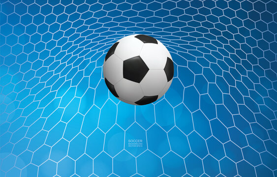 Soccer ball in goal. Football ball and white net with blue background. Vector.