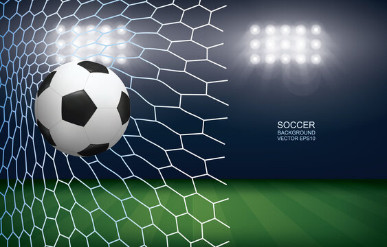 Soccer ball in goal. Football ball and white net in soccer field stadium background. Vector.