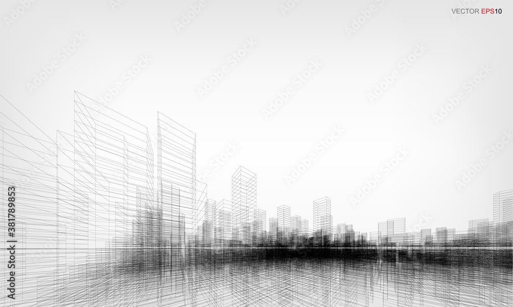 Poster wireframe city background. perspective 3d render of building wireframe. vector.