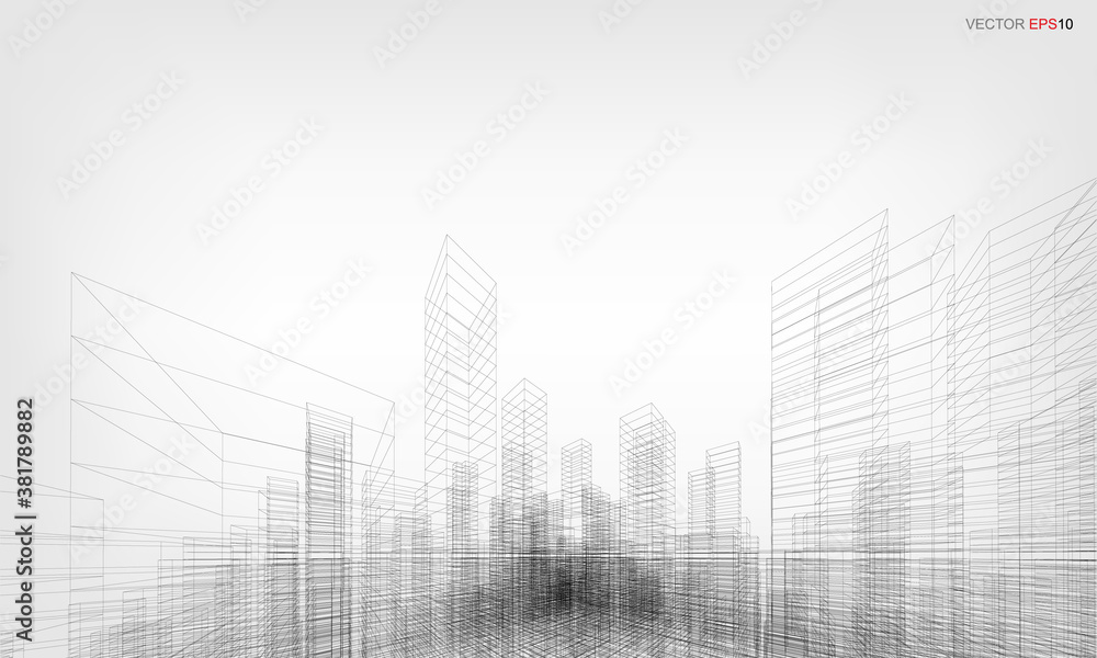 Poster wireframe city background. perspective 3d render of building wireframe. vector.