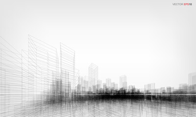 Wireframe city background. Perspective 3D render of building wireframe. Vector.