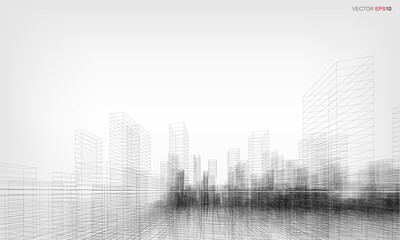 Wireframe city background. Perspective 3D render of building wireframe. Vector.