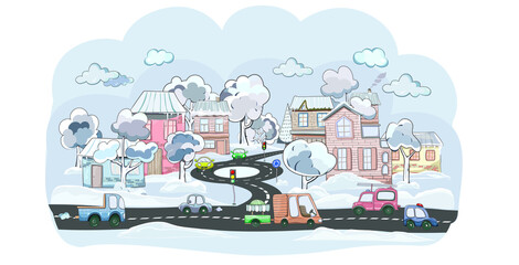 Flat vector nursery cartoon illustration of urban winter landscape, road, funny cars, traffic lights, road signs. Cute cozy town street with traffic. Perfect for kids poster, book illustration, print